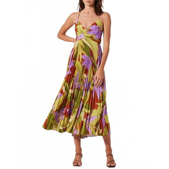 NEW ASTR blythe floral plisse midi dress in green rust floral - Picture 1 of 5